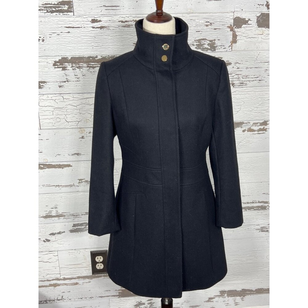VIA SPIGA Stand Up Collar A-Line Wool Blend Coat Snap Close Black Sz 6 EUC